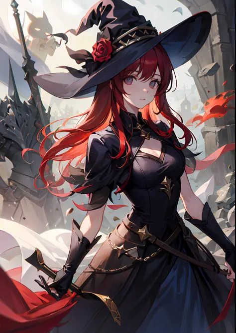 Young woman, with red hair, wearing witch clothes, with dark aura around her, with a knight in black armor by her side