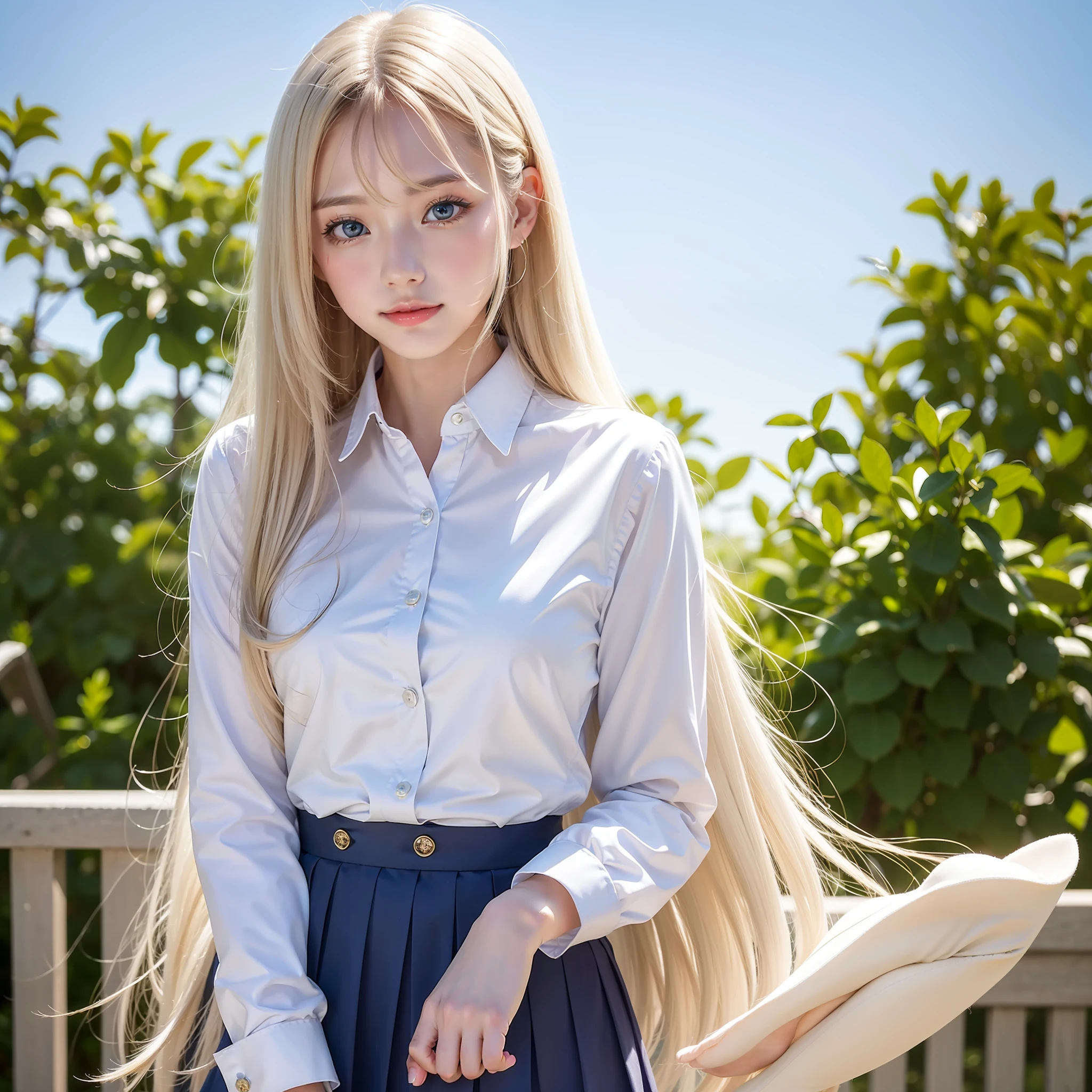 fille célibataire, uniforme scolaire, ciel bleu, Visage lumineux et très beau, jeune peau brillante, blanche et brillante, meilleur look, belle blonde platine super long cheveux raides soyeux brillant brillant, longue frange ondulante, Incroyablement beau , brillant clair bleu clair grands yeux, Belle jolie belle fille