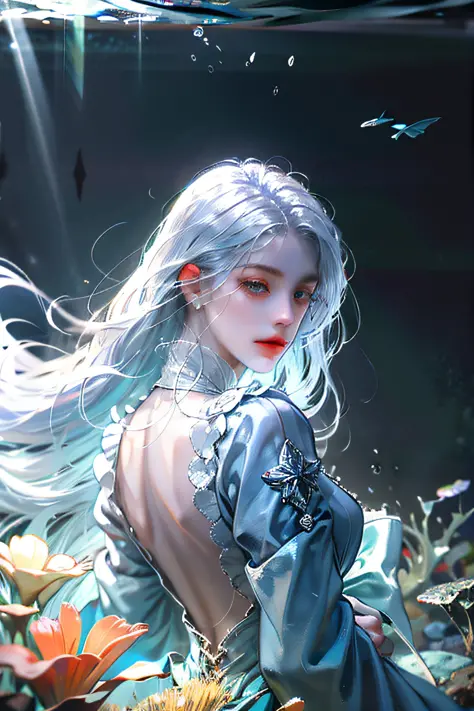 (absurdres, highres, ultra detailed), 1girl, solo, mature, (long white hair), fanasy, long sleeve, elegant, holy, colorful, high...