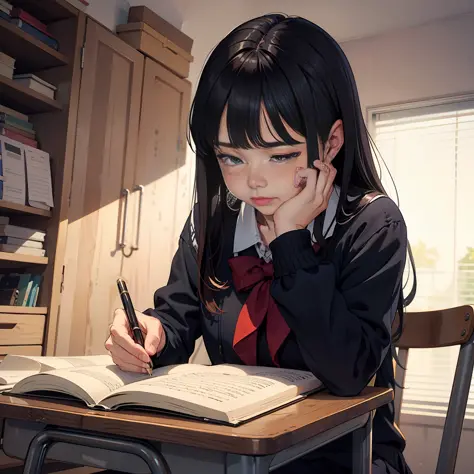 Little high school girl crying and writing homework