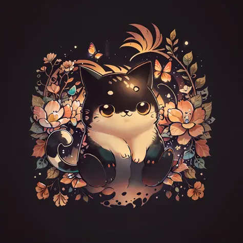 cute 00d, butterfly, flower, cat, {deep black background}