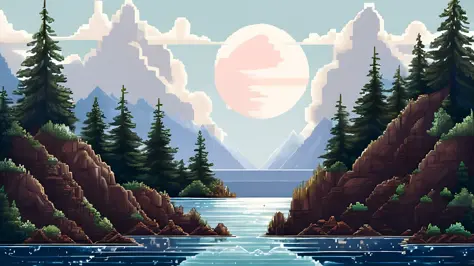 pixelart 2d stylized create an image of a dark and lonely beach, with rocks, full moon, and eerie sounds. video game concept art