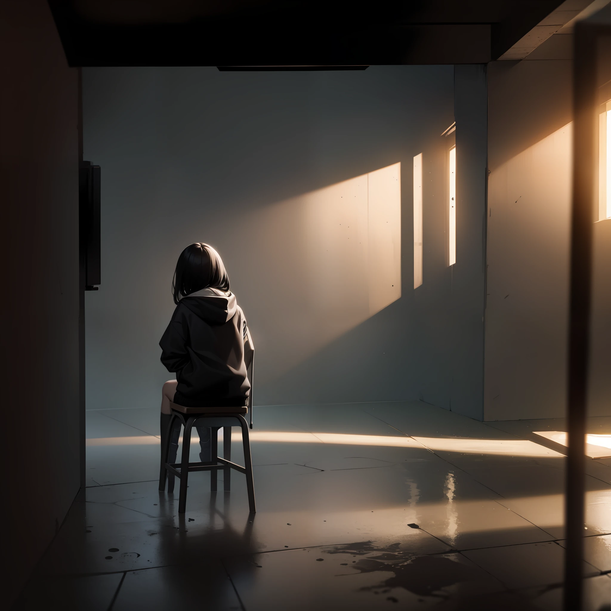 basement, 1girl, (dark:1.5), dimly lit, backlighting, wet floor, shadow, abandoned, sitting, chair, black hair, hoodie, facing viewer,, masterpiece, best quality, highly detailed