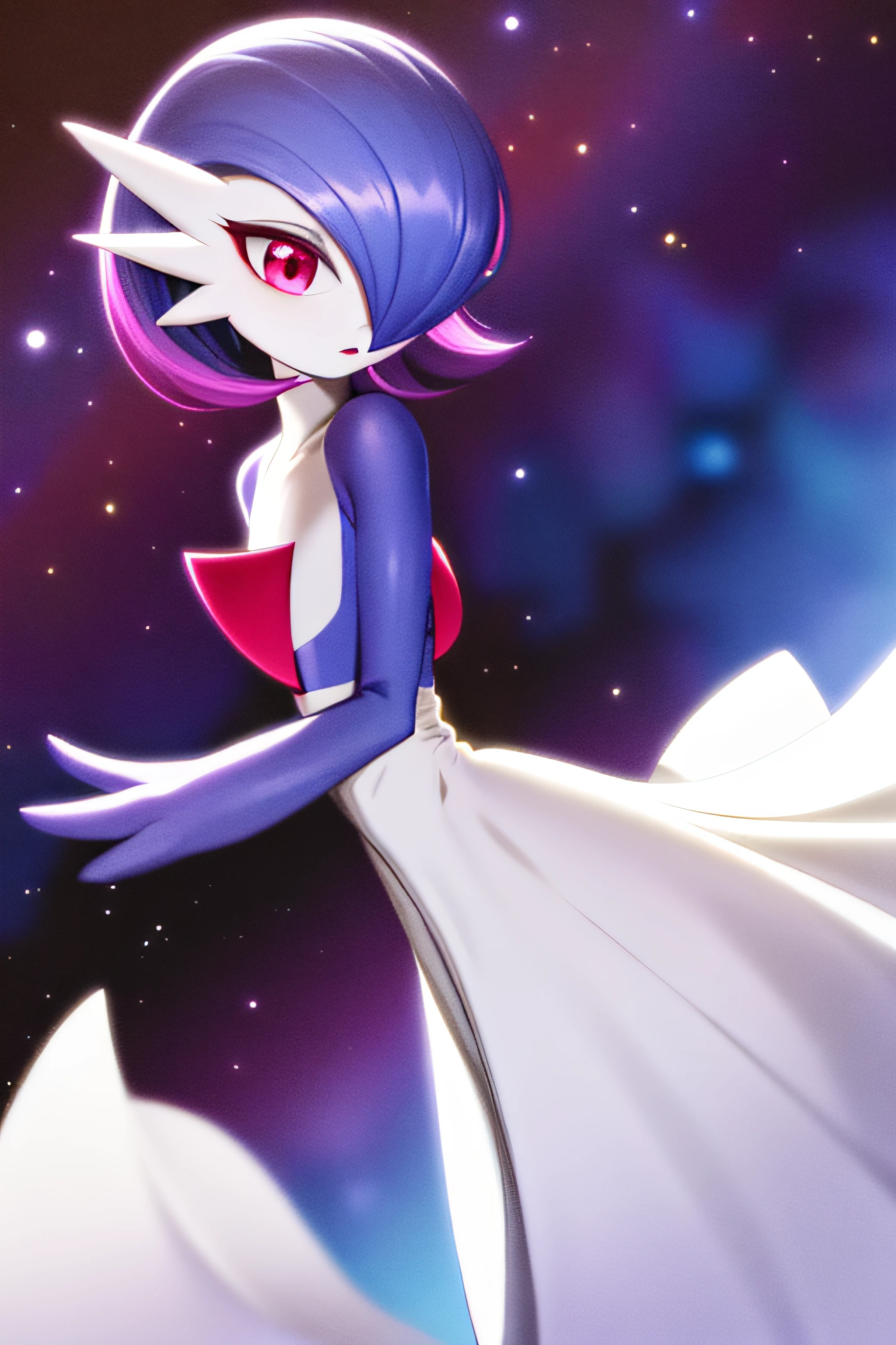 masterpiece, best quality, 1girl, solo, gardevoir, white dress, creatures \(company\), game freak, nintendo, pokemon, pokemon \(game\), bangs, colored skin, female focus, flat chest, gen 3 pokemon, deep purple hair, gradient hair, deep purple skin, hair over one eye, multicolored skin, pokemon \(creature\), red eyes, short hair, two-tone skin, white skin, space