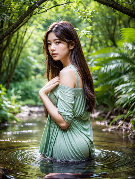 there is a woman sitting in a tub in the woods, a young asian woman, young asian girl, young asian woman, shot on canon eos r5, shot on canon eos r 5, beautiful young korean woman, an asian woman, soft portrait shot 8 k, beautiful young asian woman, shot o...
