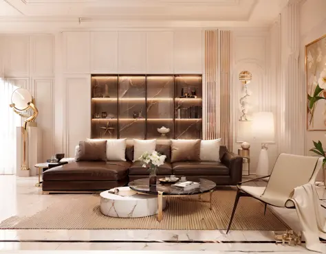 about neo classical lliving room with a dark brown simili leather sofa, gray fur rugivory and white  marble, marble walls, the potter decor on a wall, white marble floor, morden and classiccal space, super sophisticated texture,  elegant and refined, exagg...