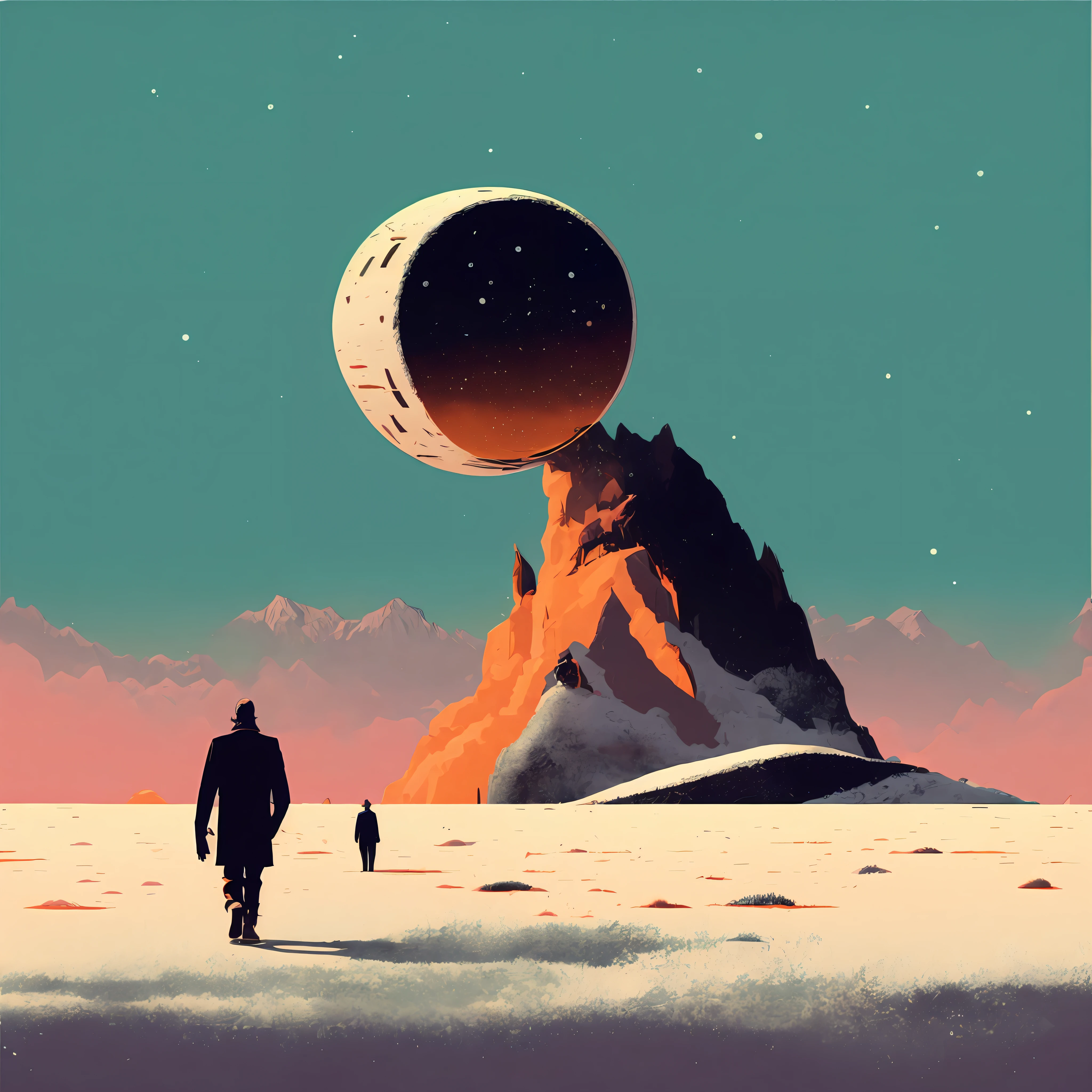 a man walking across a snow covered field next to a giant object in the sky by Olly Moss