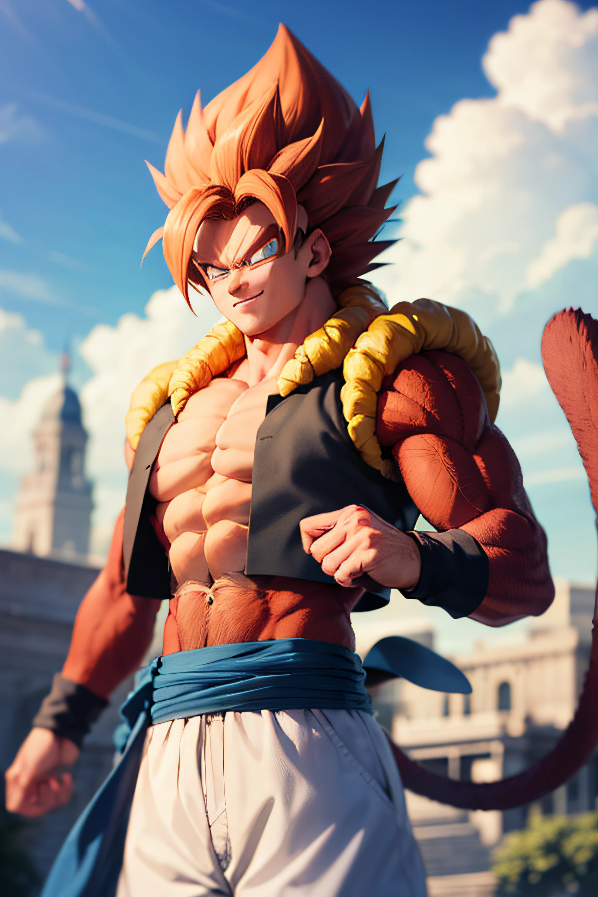 (masterpiece, best quality:1.2), cowboy shot, solo, male focus, 1boy, gogeta, muscular male, (body_fur, red_fur:1.2), smirk, looking at viewer, red hair, blue eyes, vest, blue sash, white pants, wristband, tail, pectorals