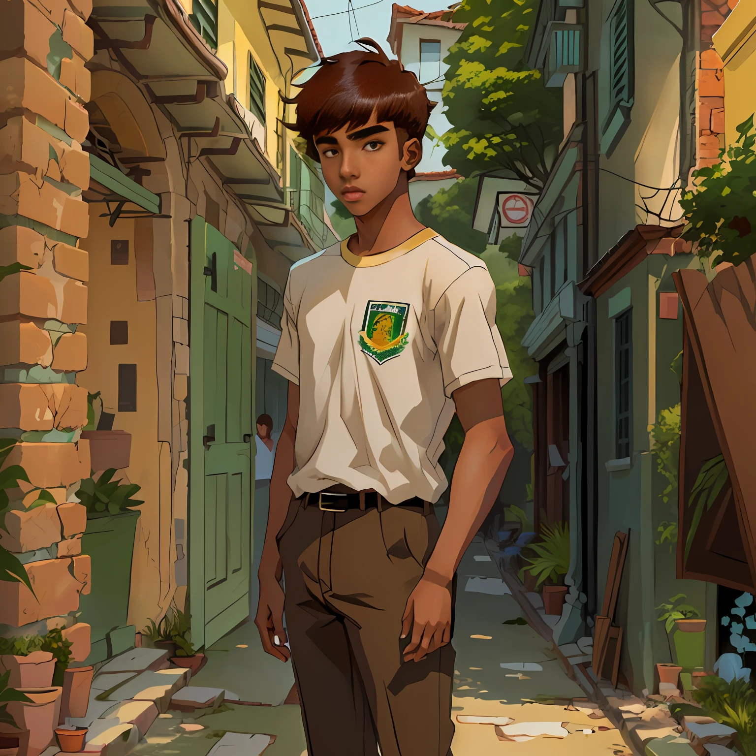 Anime boy standing in alley with skateboard in hand - SeaArt AI