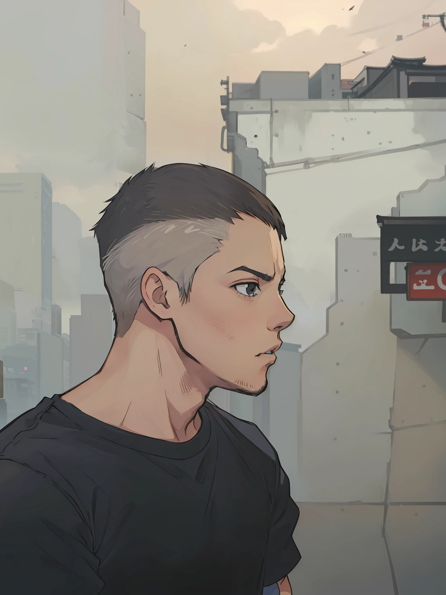 A 20-year-old boy with a Brazilian face and round chin without a beard, short hair, a crop haircut, black eyes, no pimples on his face and a black T-shirt with a Japanese print, is in an alley of the streets of Tokyo, cyberpunk style scenario, 4k, anime 2d