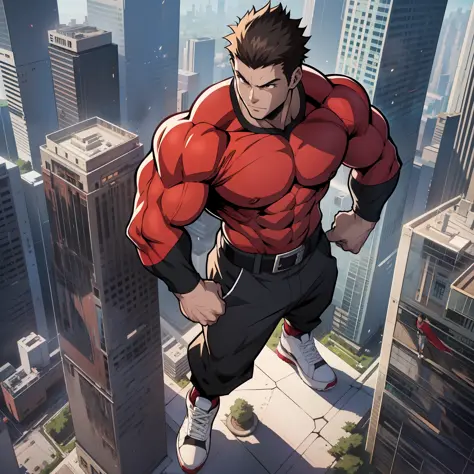 (((Anime-style art))), high quality, photo at a high angle, full body, showing an extremely muscular male character, bodybuilder...