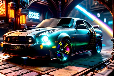 There is a car that is in the center of a cyberpunk garage on Jupiter awesome, futuristic dieselpunk street, cyberpunk car ((cus...