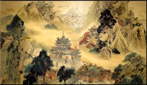 painting of a mountain scene with a temple and a mountain, ancient china art style, qing dynasty, song dynasty, inspired by Yang Buzhi, chinese landscape, traditional chinese art, chinese style painting, ming dynasty, chinese art, tang dynasty palace, by L...