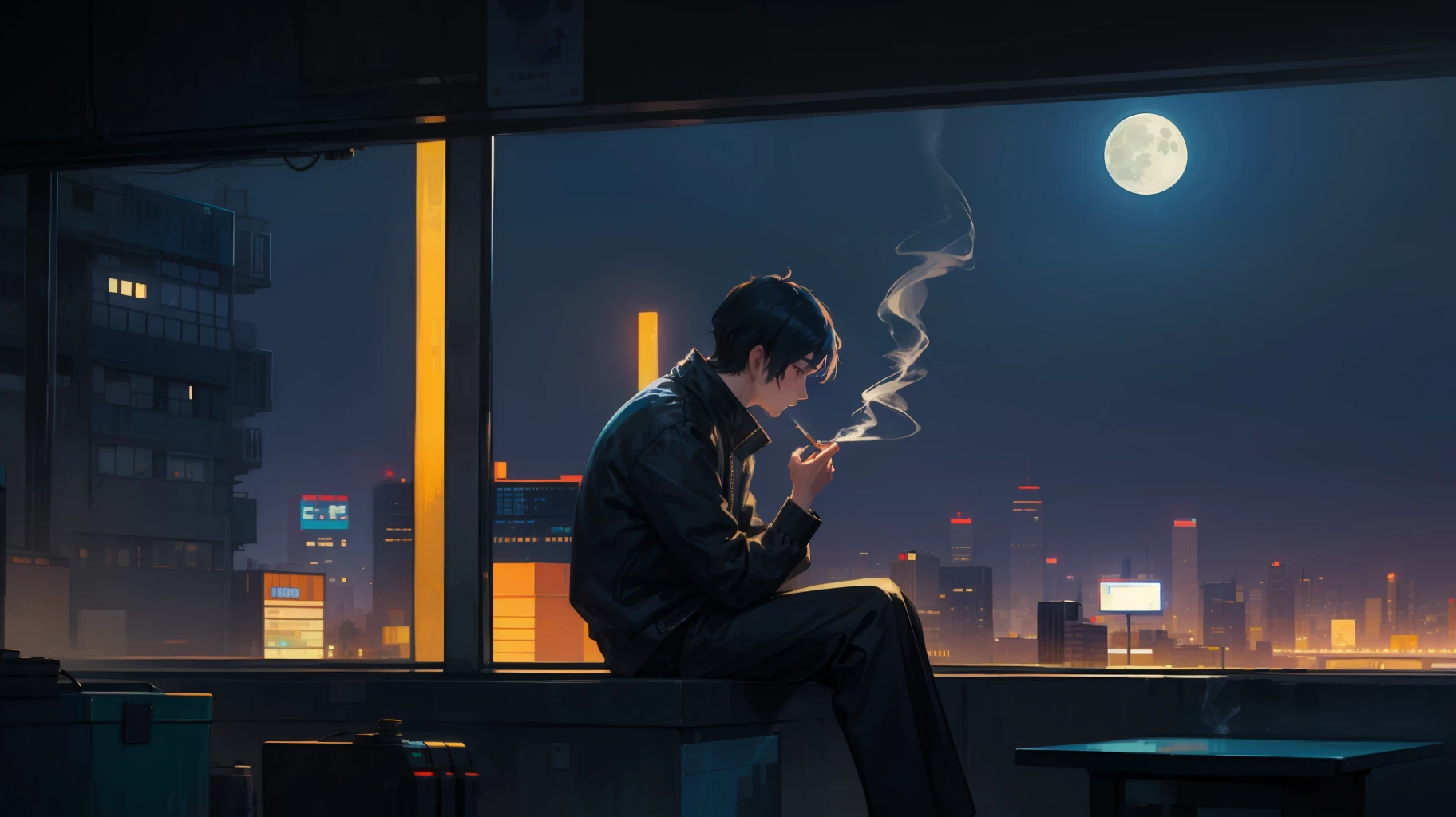 ピクセルアート 2D 男性、隣の窓から月を眺めながらタバコを吸う、サイバーパンク風、街の明かり、未来都市、HD 超詳細 2D