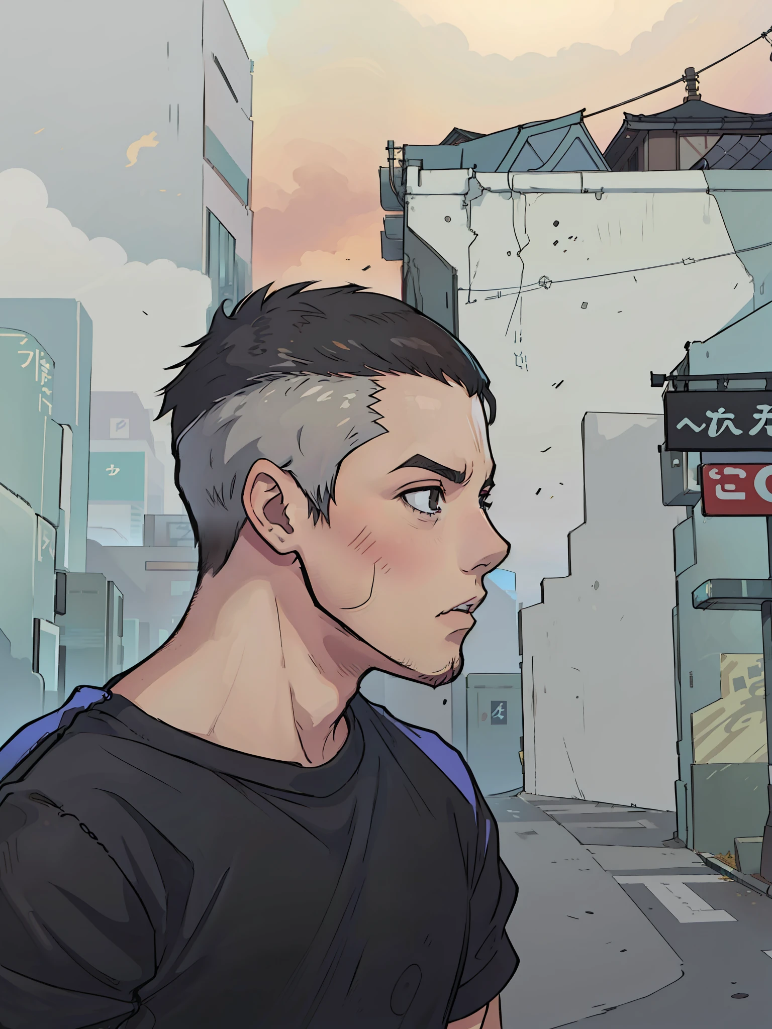 Un garçon de 20 ans au visage brésilien et au menton rond sans barbe, Cheveux courts, une coupe de cheveux courte, Yeux noirs, pas de boutons sur le visage et un T-shirt noir avec un imprimé japonais, est dans une ruelle des rues de Tokyo, scénario de style cyberpunk, 4k, animé 2D