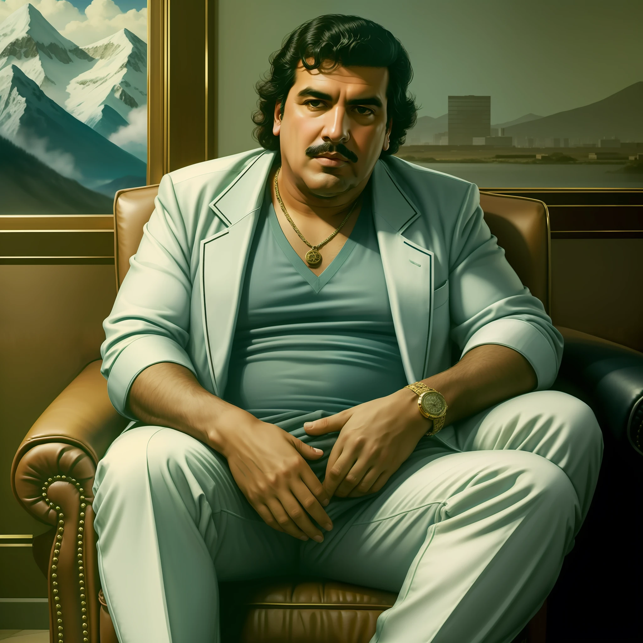 Pablo Escobar, Pablo Escobar, Mountains of money, money in the background, dollars in piles, Pablo Escobar in an armchair Pablo escort in an armchair with money around him