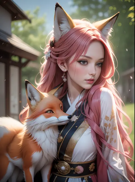 fox, pink hair, antique,1gril,1fox