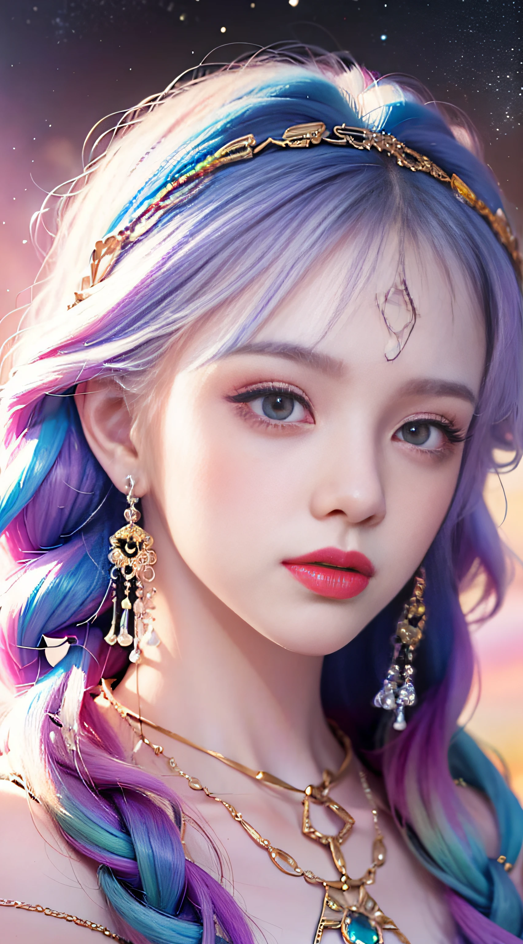 (Best Quality, 8k, Masterpiece, UHD: 1.2, CG: 1.2, Blender rendered), close-up of a girl in minority clothes, (rainbow hair, Braids: 1.2), non-metallic colored headdresses, necklaces with colored gemstones, fantasy style, textured earrings, kawaii realistic portraits, cute colorful cute, anime style, colorful, star-like fantasy points of light everywhere, Guvez style artwork, vibrant fantasy style, cute art style, colorful pastels, realistic anime 3D style, fashi-girl, macro-eye