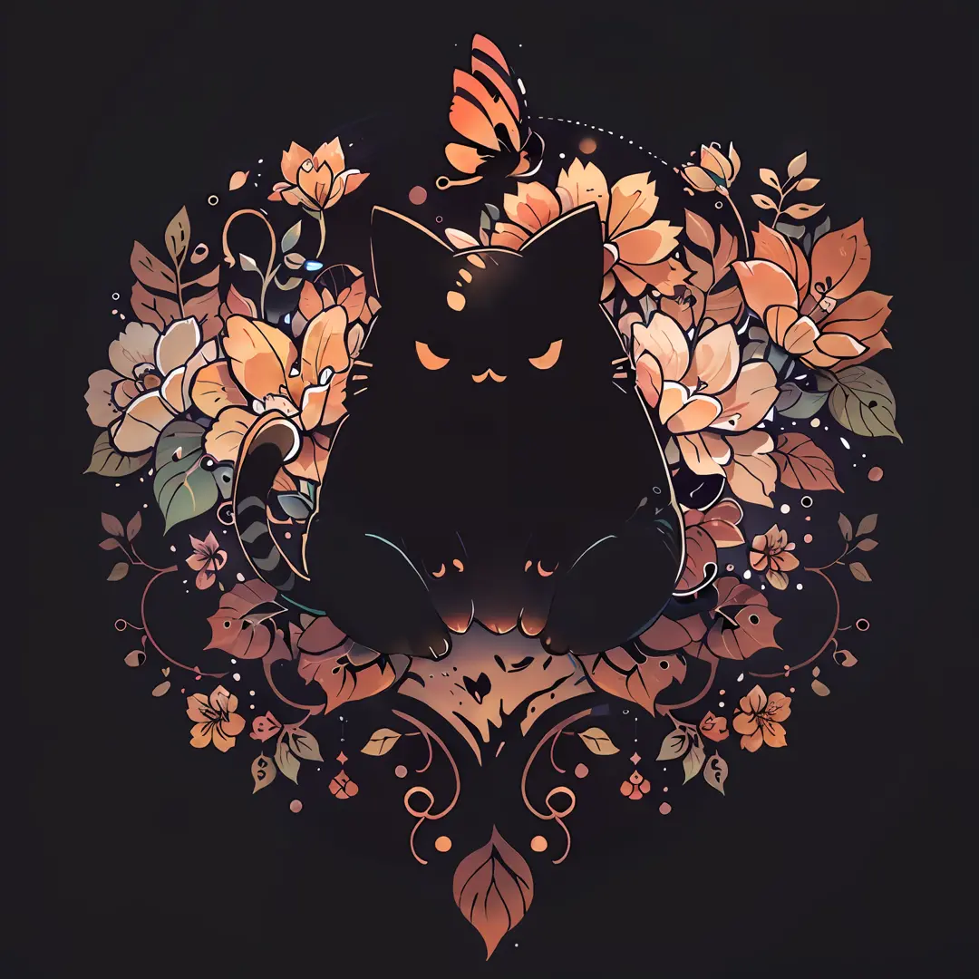 cute 00d, butterfly, flower, cat, {deep black background}