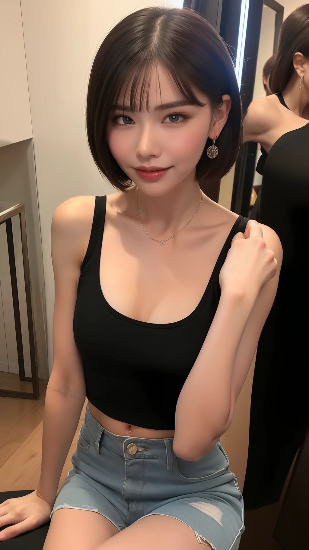 (8k, RAW photos, super high quality, ultra detailed CG Unity 8k wallpaper, masterpiece: 1.2), one girl, 3D, movie lighting, super beautiful detailed eyes, accurate shiny iris depiction, pupil is black, water-based humor shine, accurate shading of hair, ultra-detailed eyelashes, wearing small jewelry earrings, short hair, tank top, hot pants
Looking at the viewer with tenderness and affection like a goddess, the precision of the shadows created on clothes, the cityscape,