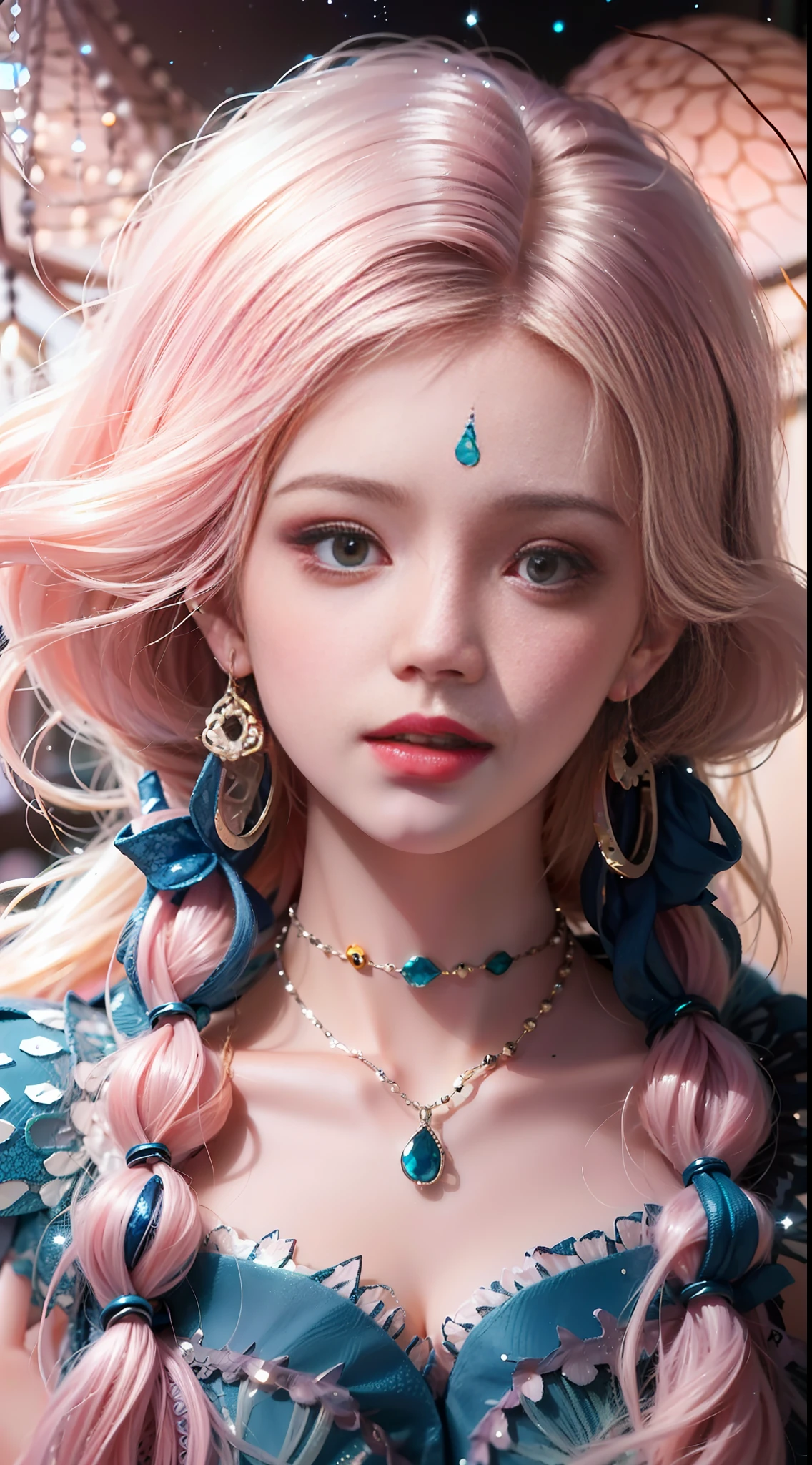 (Best Quality, 8k, Masterpiece, UHD: 1.2, CG: 1.2, blender rendered), close-up of a girl in minority clothes, (gradient light pink hair, Braids: 1.2), non-metallic colored headdresses, necklaces with colored gemstones, fantasy style, textured earrings, kawaii realistic portraits, cute colorful cute, anime style, colorful, star-like fantasy points of light everywhere, Guvez style artwork, vibrant fantasy style, cute art style, colorful pastels, realistic anime 3D style, fashi-girl, macro-eye