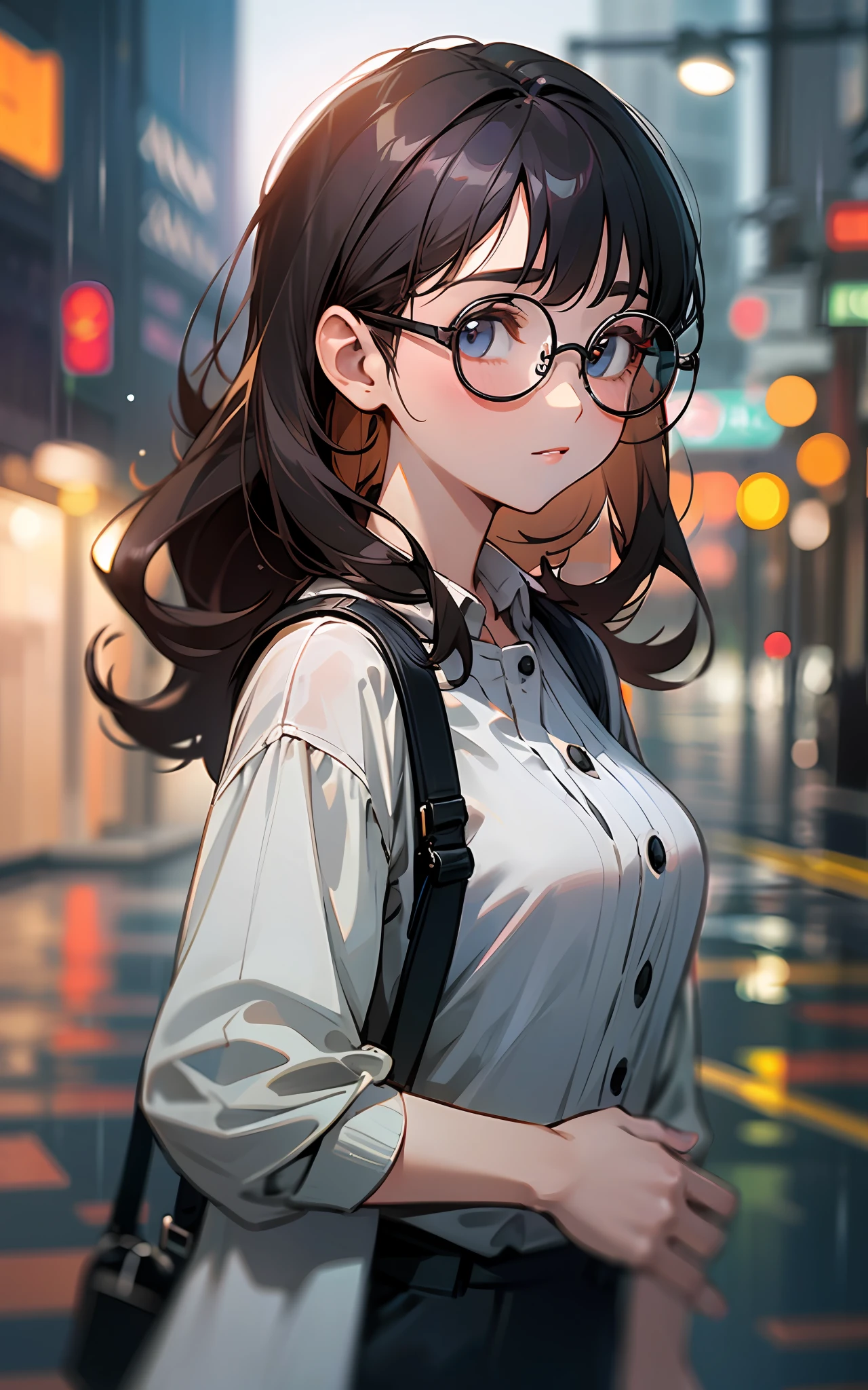 Chica anime con gafas y mochila caminando por la calle. - SeaArt AI