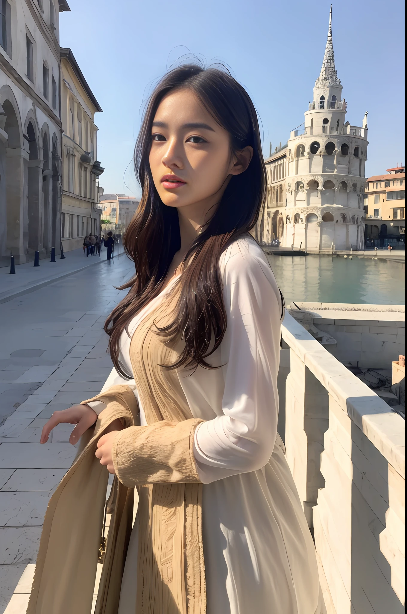 ((Best Quality, 8K, Masterpiece:1.3)), Focus: 1.2, Perfect Body Beauty: 1.4, Buttocks: 1.2, ((Layered Haircut, Breasts: 1.2)), (Wet Clothes: 1.1)  ,(Leaning Tower Of Pisa background),Bandeau Dress: 1.1, Highly Detailed Face and Skin Texture, Delicate Eyes, Double Eyelids, Whitened Skin, Long Hair