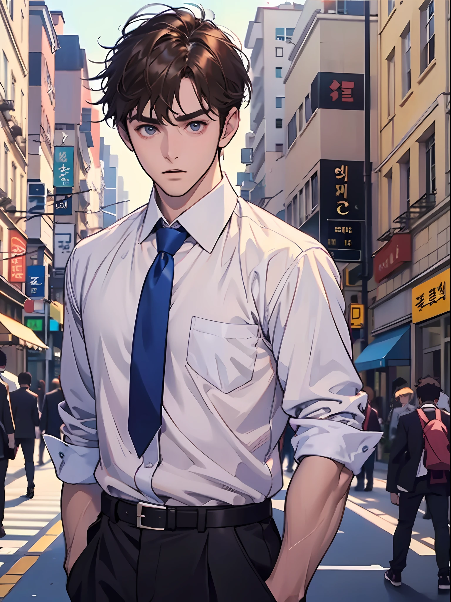 Young man 18 years: 1.3, Short brown hair: 1.2, tall: 1.2, Occupation: 1.2, Daytime: 1.2, On the street: 1.2, Film lighting, Best quality, 8k, , white dress shirt, blue tie ((anime strokes)) Korean boy, simple uniform. (boy) ((man))