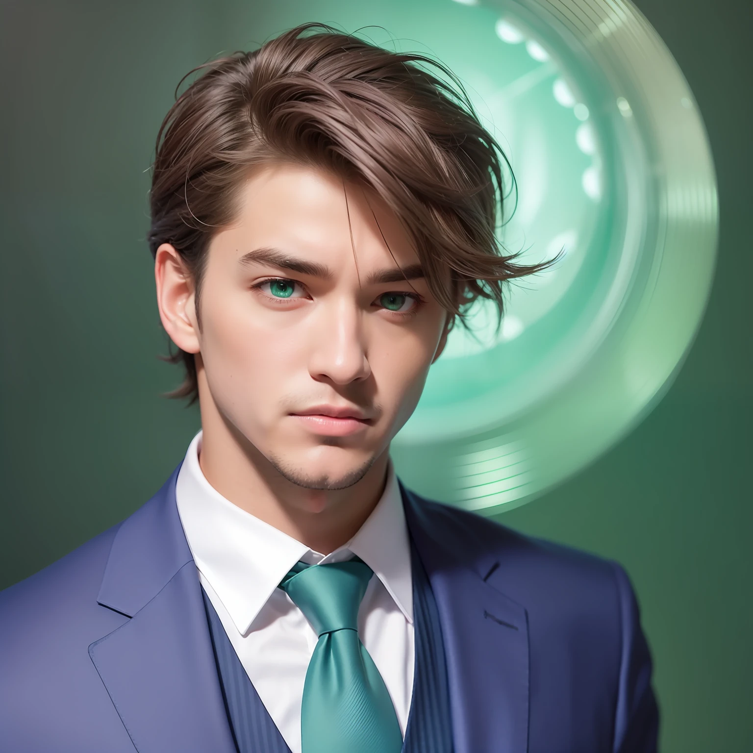 there is a handsome man with a blue suit posing for a picture, a hyper realistic painting, clear symmetrical eyes, cute round green slanted eyes, clear green eyes, piercing glowing eyes