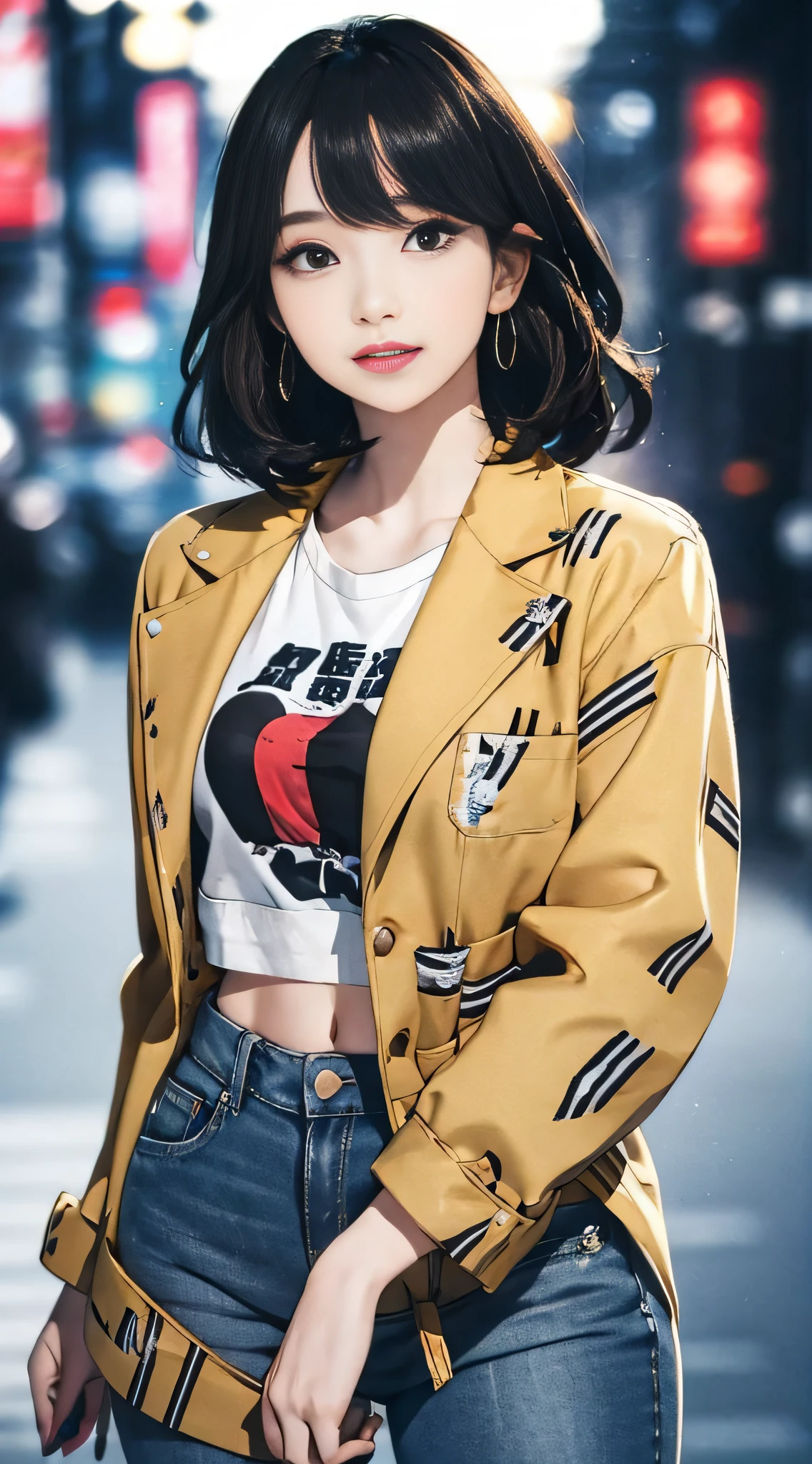 (masterpiece, best quality), beautiful woman, cute printed cropped shirt, jacket, jeans, short wavy hair, headband, asymmetrical bangs, perfect face, beautiful face, alluring, big gorgeous eyes, soft smile, perfect slim fit body, city streets, seoul, bright colors