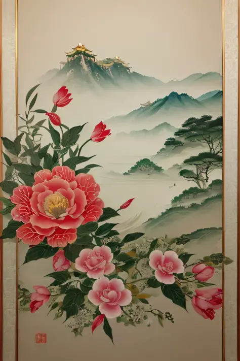 there are two flowers on the wall with a gold border, chinese painting style, chinese style painting, chinoiserie pattern, inspi...