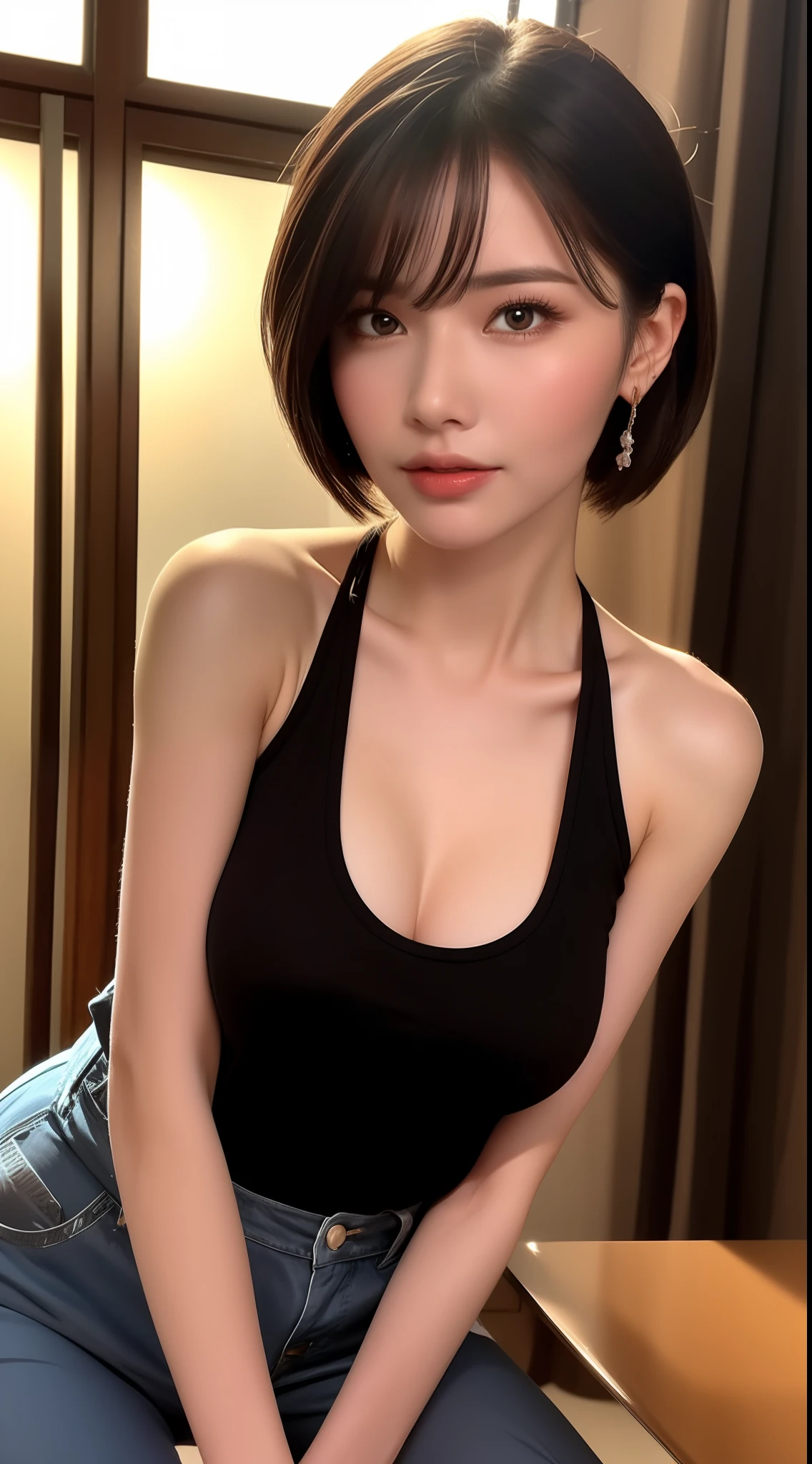 (8k, RAW photos, super high quality, ultra detailed CG Unity 8k wallpaper, masterpiece: 1.2), one girl, 3D, movie lighting, super beautiful detailed eyes, accurate shiny iris depiction, pupil is black, water-based humor shine, accurate shading of hair, ultra-detailed eyelashes, wearing small jewelry earrings, short hair, tank top, hot pants
Looking at the viewer with tenderness and affection like a goddess,The precision of the shadows created in clothes,beautiful texturedchiaroscuro,professional make-up,realistic,Delicate hair tips,Shopping street in Shibuya-ku