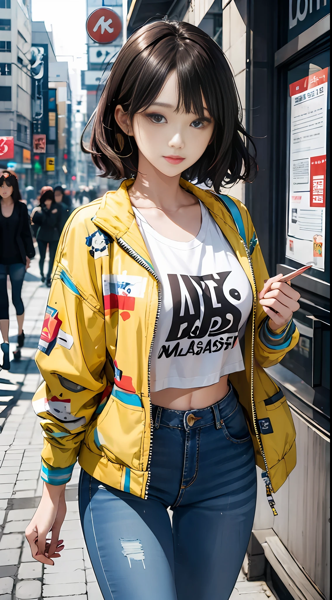 (masterpiece, best quality), beautiful woman, cute printed cropped shirt, jacket, jeans, short wavy hair, headband, asymmetrical bangs, perfect face, beautiful face, alluring, big gorgeous eyes, soft smile, perfect slim fit body, city streets, seoul, bright colors