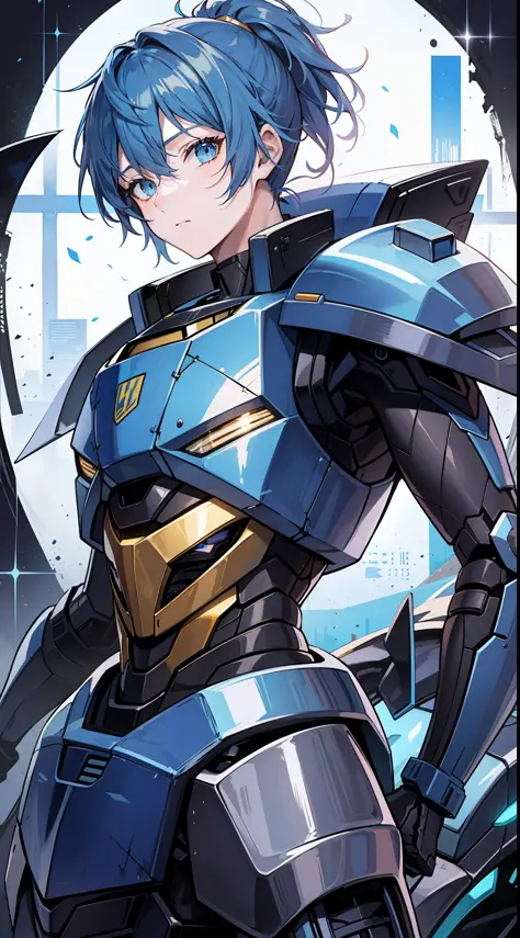Adult guy, short blue hair, high ponytail, blue eyes, Autobot armor, masterpiece, high quality