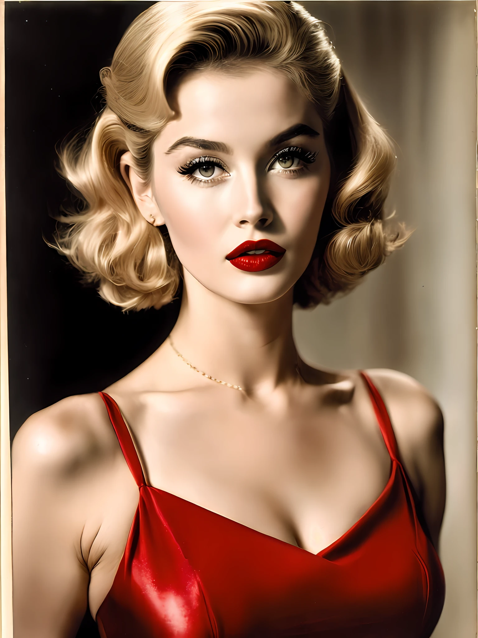 ふくれっ面の唇と蒸し暑い目を持つ1950年代の金髪の爆弾. 彼女は赤い口紅とぴったりとしたドレスを着ています, 自信と官能性を醸し出す8K