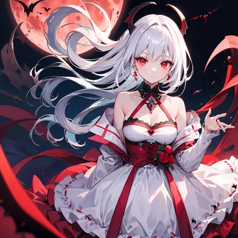 One girl with white hair, red eyes, vampire, dress, off shoulder, red moon, midnight