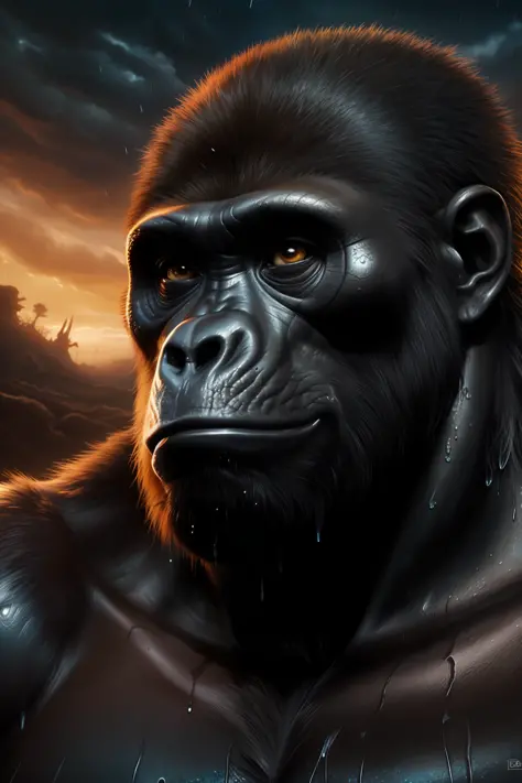 A galactic gorilla with a lot of hair on his head, looking at something distanye, highly detailed digital painting, wet paint, fantasy art, HDR, intricate details, hyper-detailed