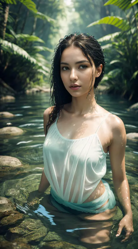 "Create a visually stunning image of an exquisitely beautiful woman submerged in the water of a river, with lush vegetation in the background. The woman, captured from the waist up, faces the camera with an astounding level of detail. She radiates an ether...