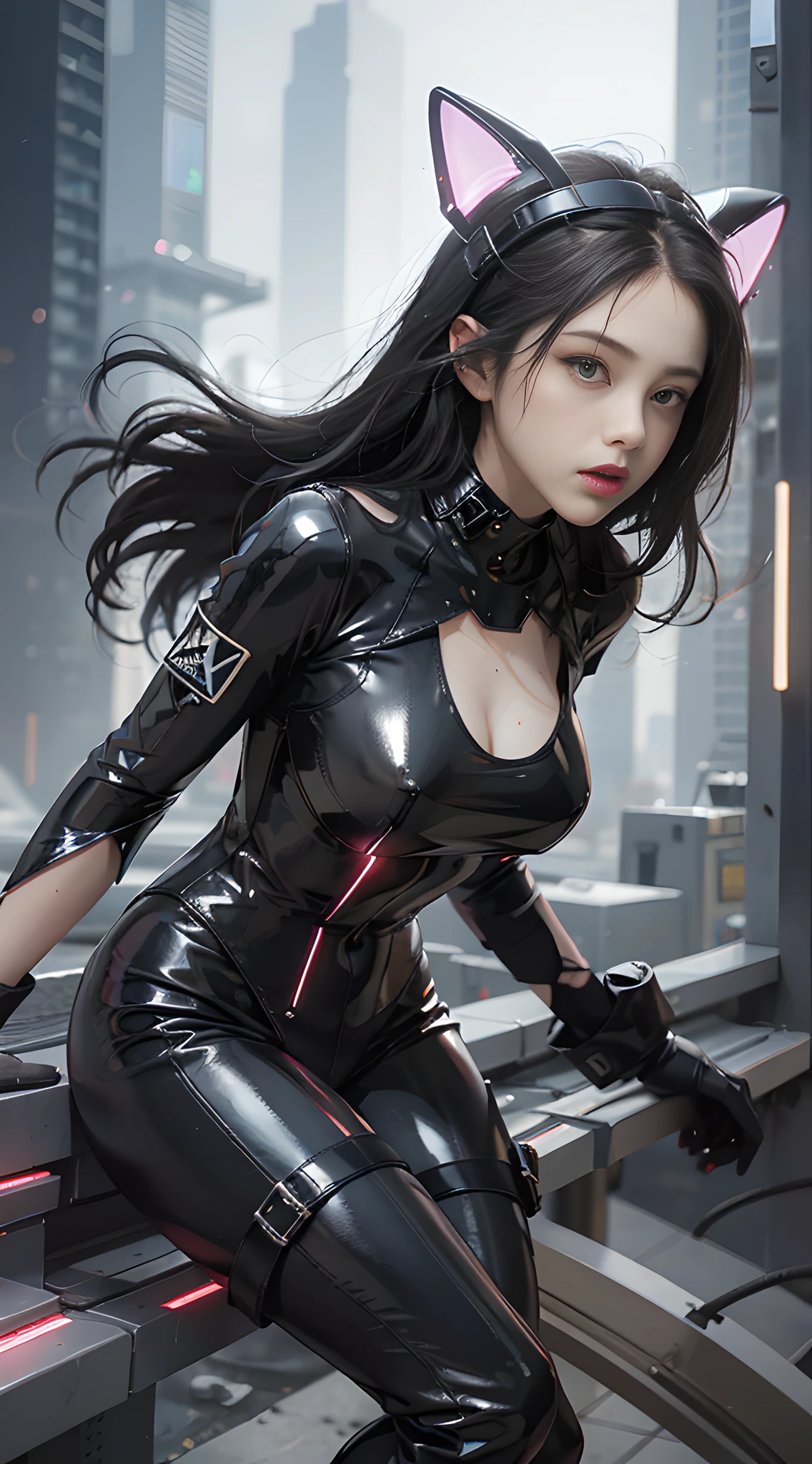 solo, super fine photo, portrait Unreal Engine 5 8K UHD of a girl in a skin tight futuristic black latex outfit with white jacket, slick black catsuit, black iconic character, smooth black skin, black body, PVC, glossy latex suit, rubber suit, rubber belts, collar, futuristic full face helmet, futuristic rubber glove, futuristic high boots, arm and leg cuffs, straps, cyberpunk world, have a gun, best quality, masterpiece, official art, unified 8k wallpaper, super detailed, sharp focus, dynamic pose, body parts, no extra limbs, precisely anatomy