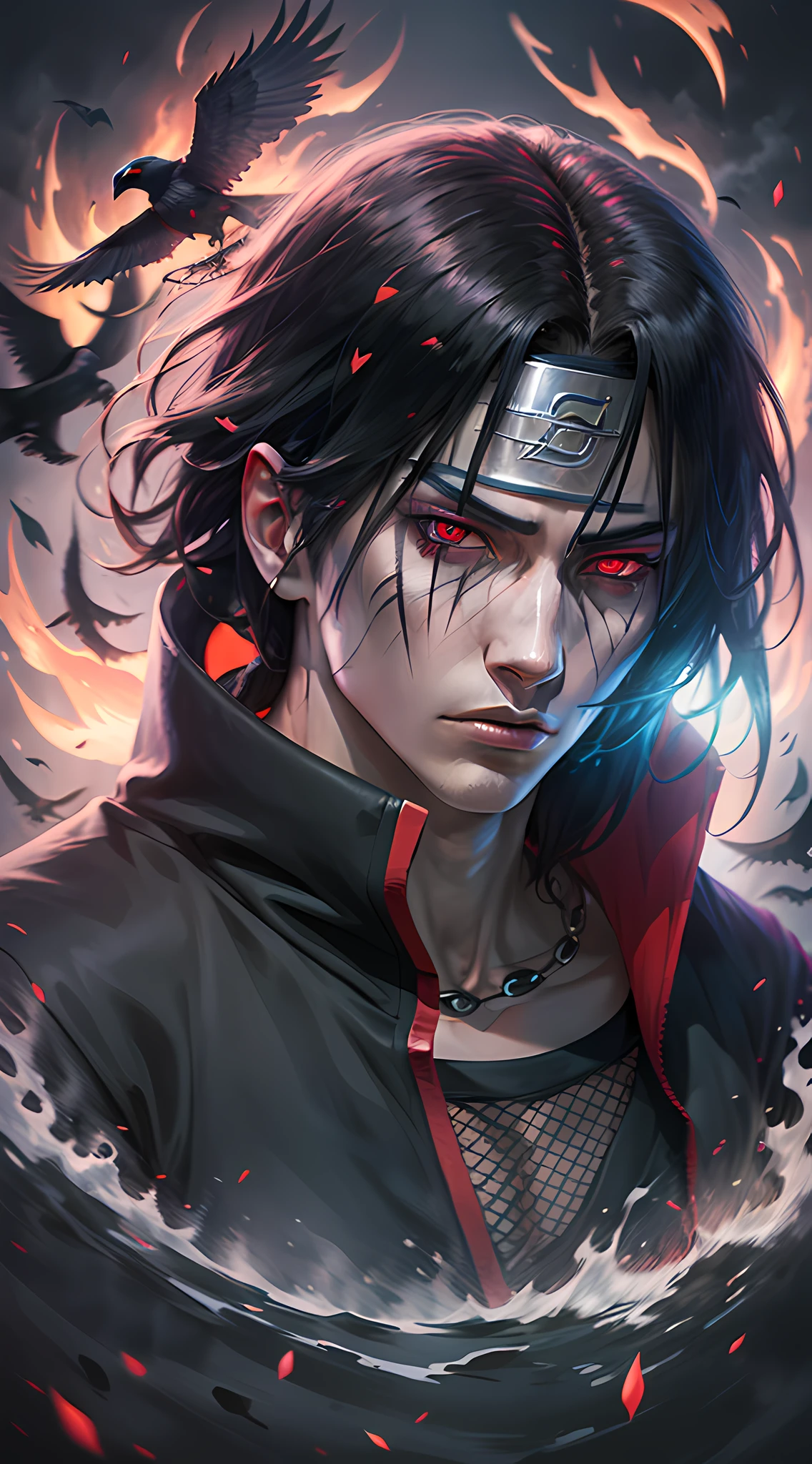 Itachi Uchiha, a escuridão o envolve, olhos flamejantes do Sharingan, um corvo ao seu lado, poderes ocultos despertam, chamas negras consumindo tudo, uma visão 8k revelando todos os detalhes sombrios.