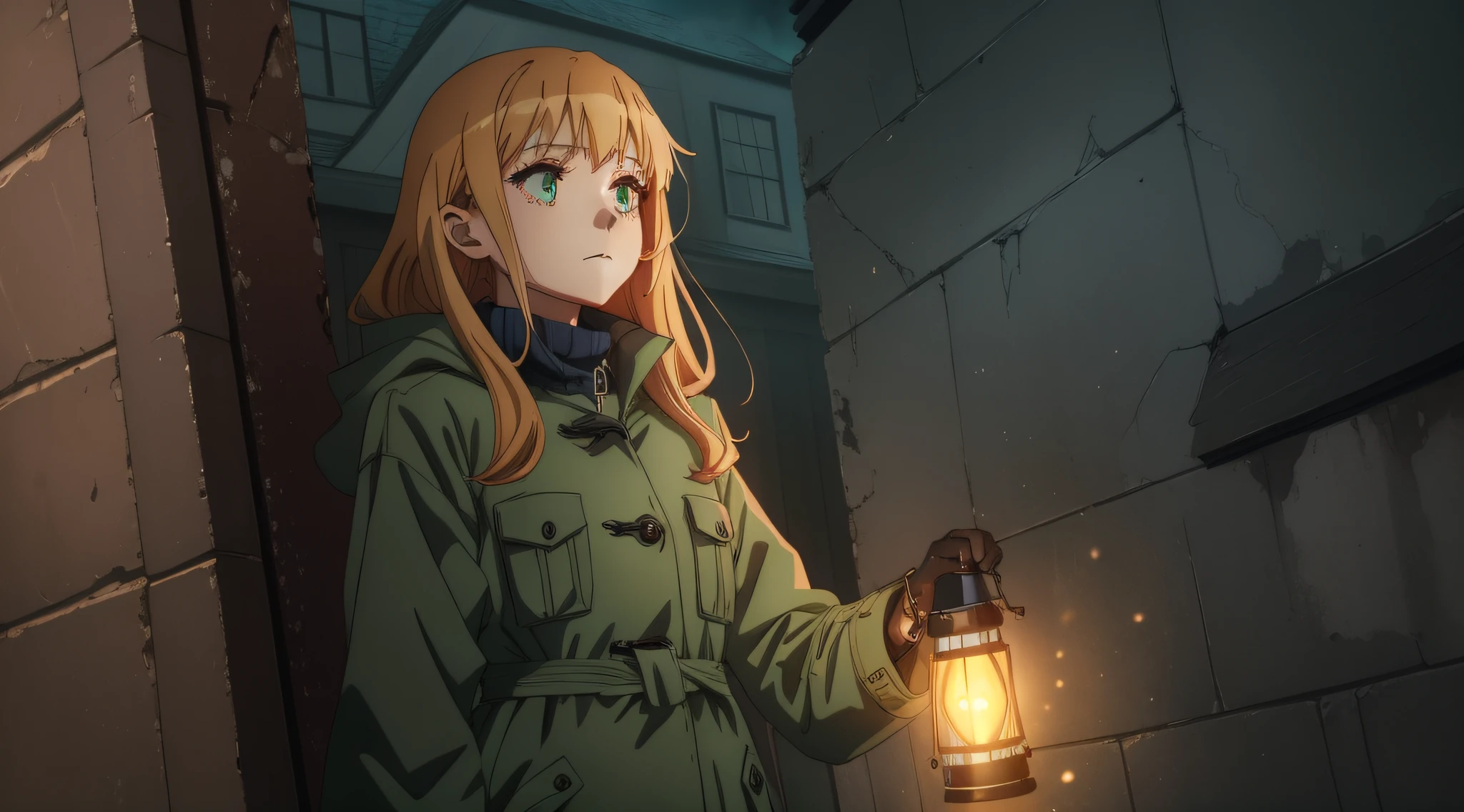 A beautiful woman with a coat enters a haunted house holding a flashlight at night, 2.5d anime style
