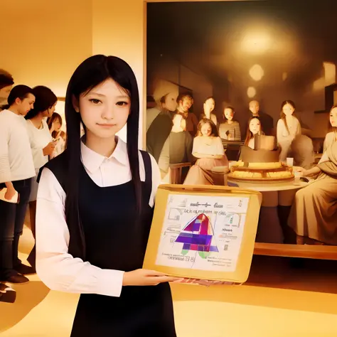 A High resolution Photo, In Tokyo, a socially awkward and loney a high-teen, lonely individual Japanese Girl, while smiling, presents a Painting individual Japanese Girl, while smiling, presents a Painting of the Last supper with digitalize Math graph inte...