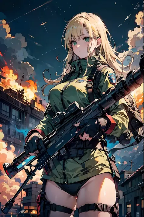 {{Masterpiece, top quality, highly detailed CG, 16K, movie lighting, lens flare}}, (huge rifle), (aiming), (1 girl soldier), (wide view), thick body, Photorealistic: 1.4, long blonde hair, green eyes, multiple weapons, aiming, (embark in a sniper posture f...