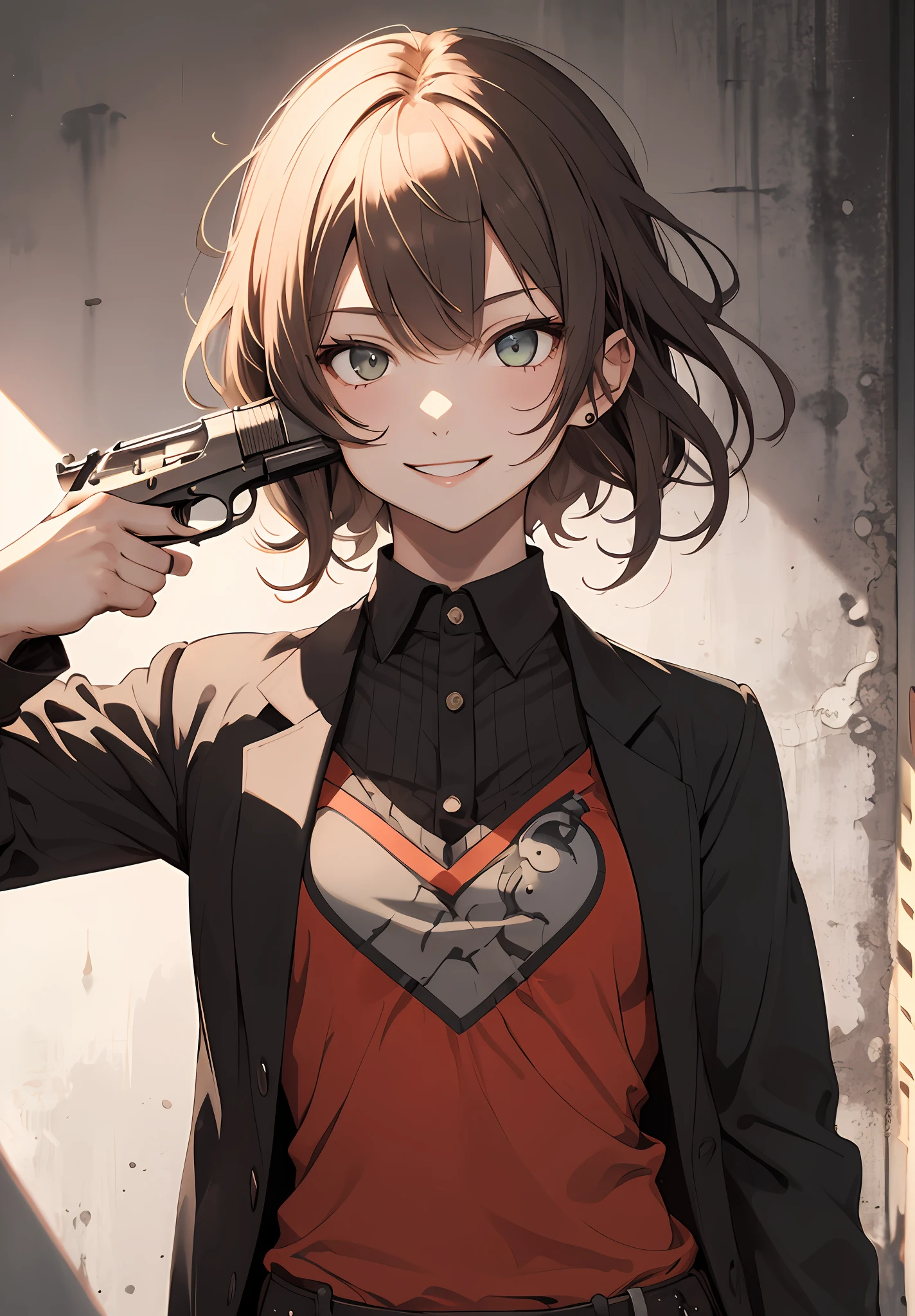 1girl, masterpiece, best quality, g2h, gun to head, handgun, holding gun, cowboy shot, smilling, confident, perfect face,expressive eyes,evil, madness, high details, crazy,contrast, shadows,