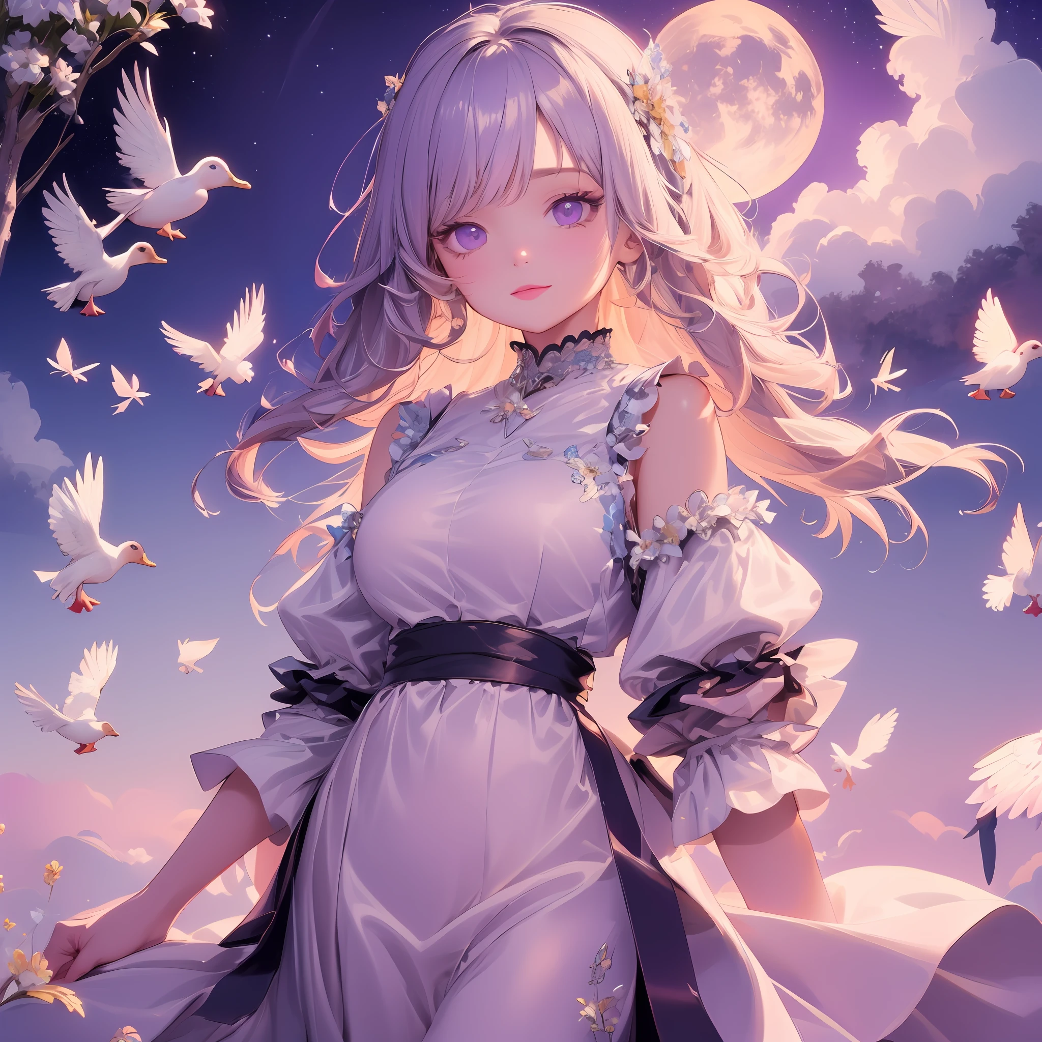 (exceptional, best aesthetic, new, newest, best quality, masterpiece, extremely detailed, anime, waifu:1.2)
BREAK
1girl, (pink moon), blue butterflies, jewels and glitter, shiny, pretty, fancy, beads, bedazzled , jewelry, charms, white hair, purple eyes, blush and flustered extpression, cinamatic, dramatic, cute, white dress with pattern,((duckies, duck, )) cute, bird