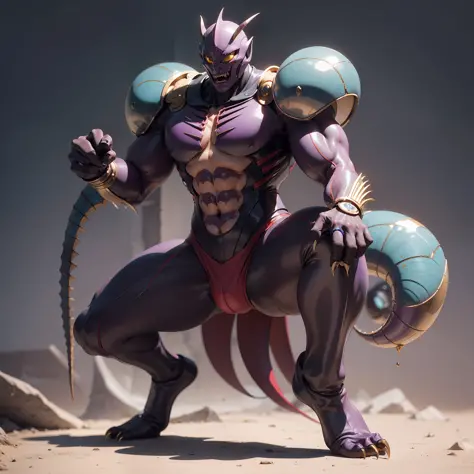 One man, a cartoon alien with an unusually developed muscular body, protruding blood vessels, claws and a red and purple body, hercules beetle, fangs, cel shades, Guyver style,