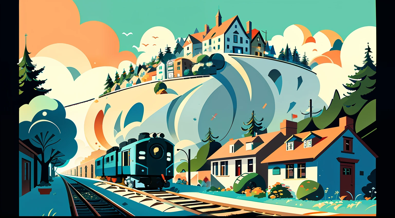 Drawing of a town with a train coming up the hill, very coherent stylized artwork, award-winning concept art, illustration concept art, Dan McFerrin, concept art digital illustration, concept illusion, dreamy illustration, Dan McFerrin :: glamorous, Ivan Generalich, Stylized digital illustration, inspired by Ivan Generalich,