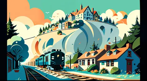 Drawing of a town with a train coming up the hill, very coherent stylized artwork, award-winning concept art, illustration conce...