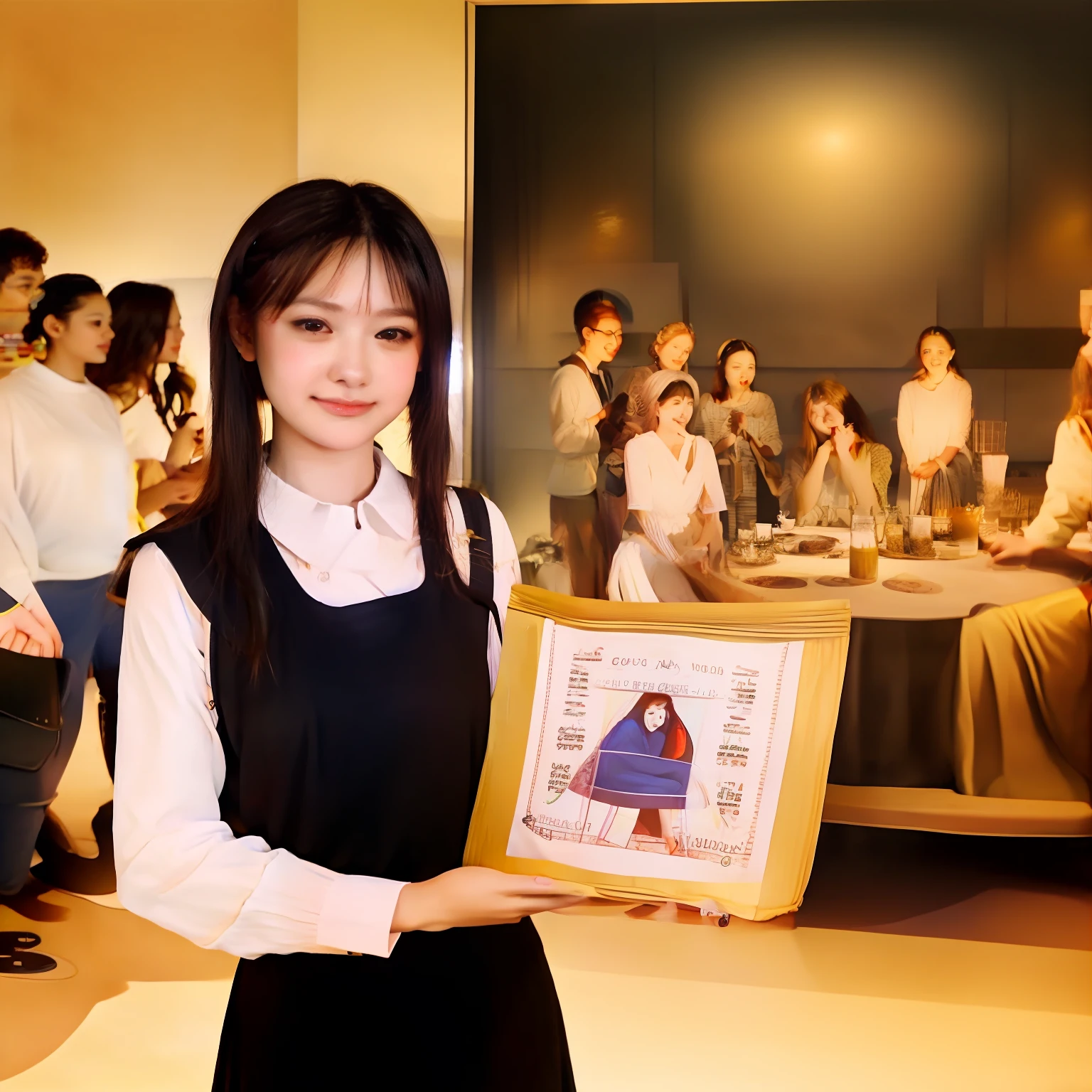 Une photo haute résolution, à Tokyo, un adolescent socialement maladroit et solitaire,  fille japonaise individuelle, en souriant, presents a Painting fille japonaise individuelle, en souriant, présente une peinture de la Cène avec un module complémentaire d&#39;interface graphique mathématique numérisé dans The Picture, derrière la fille, il y a la galerie d&#39;art où une célébrité avec des caméras et des téléviseurs, et un groupe d&#39;individus tout aussi heureux photographiant la célébrité.