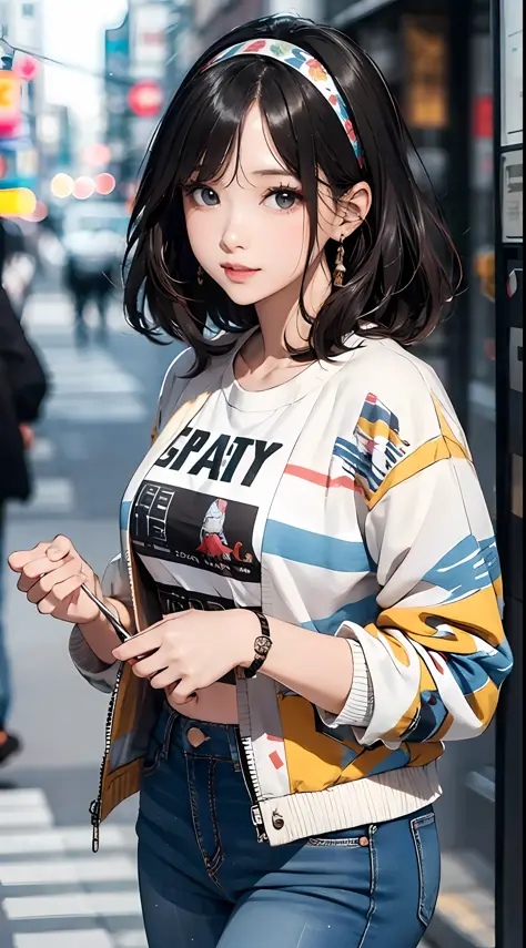 (masterpiece, best quality), beautiful woman, cute printed cropped shirt, jacket, jeans, short wavy hair, headband, asymmetrical...